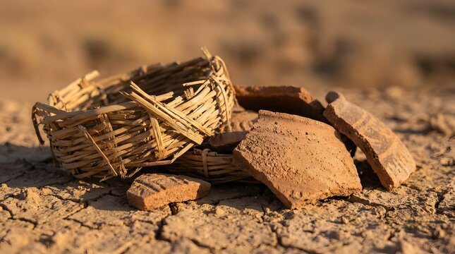 Woven basket and broken terracotta pots resting on severely dry cracked earth illustrating agricultural drought and the harsh impacts of extreme climate change