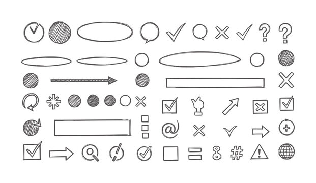 Hand drawn sketchy and symbols collection with arrows circles and checkmarks cross