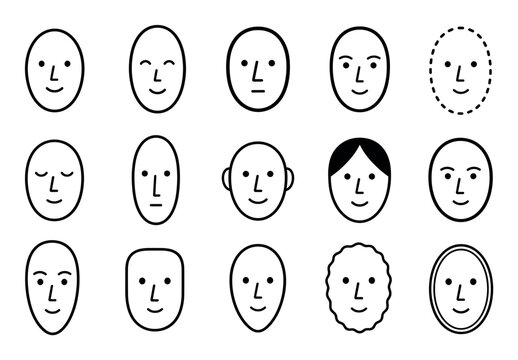 Different face shapes line art icons set representing various facial structures and types for beauty, makeup, and hairstyling guides