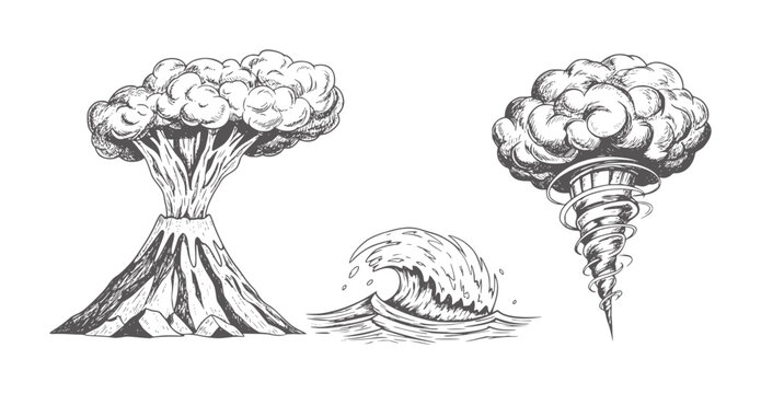 Hand drawn volcano wave and tornado elemental forces eruption lava smoke mountain