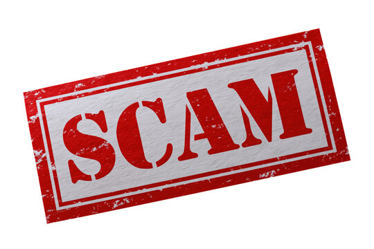 Bold red SCAM stamp graphic used for fraud prevention, suspicious offers and cybersecurity warnings isolated on transparent background
