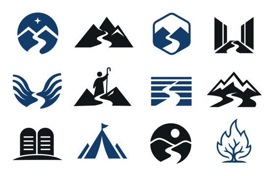 Minimalist religious and nature vector icons set featuring mountains, winding paths, stone tablets, a shepherd, a tent, and a burning bush
