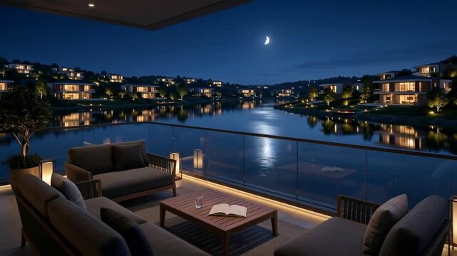 Luxury Waterfront Villa at Night with Infinity Pool and City Lights.