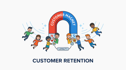 Fototapeta premium Customer Retention Concept: A vivid illustration depicting a large horseshoe magnet labeled Customer Magnet attracting a group of diverse people.