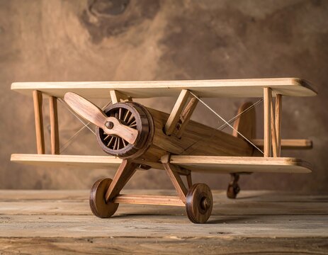 A wooden model airplane with a propeller and wheels on a wooden surface