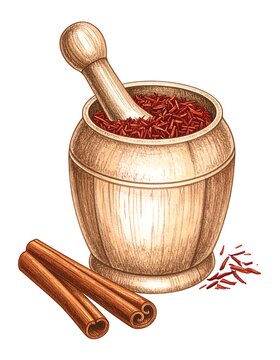 A wooden mortar filled with red spice and two cinnamon sticks