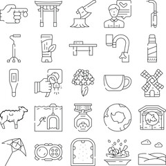 Fototapeta premium Set of line art icons depicting diverse subjects including health, nature, technology, energy, and everyday items, illustrating a broad range of concepts and themes