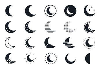 Naklejka premium Crescent moon icons in different graphic styles featuring celestial symbols, night phase designs, and astronomical vector elements for web and print design