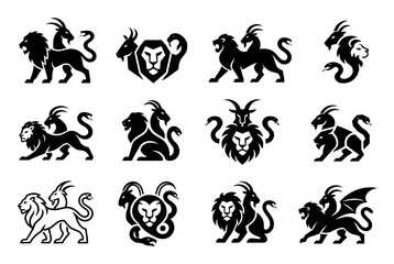 Fototapeta premium Chimera mythological creature vector logo icon set featuring stylized black silhouettes of the legendary beast with lion goat and snake elements for heraldic design