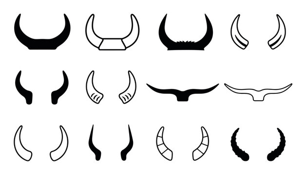 Animal horns vector icons in various shapes including bull, cow, devil, buffalo, and ram horn silhouettes and outlines for graphic design elements