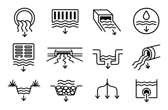 Drainage and sewage system line icons set representing water runoff, storm drains, pipes, culverts, and wastewater management infrastructure symbols