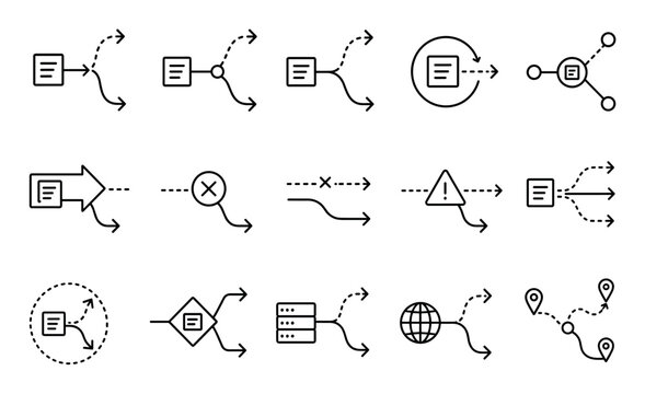 Data routing and redirection line icons set representing network flow, path splitting, decision points, and information distribution processes