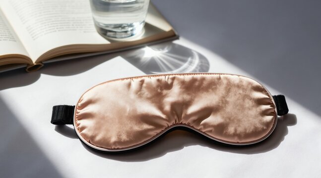 Silk sleep mask and open book near glass of water on white surface. Gentle shadows create peaceful atmosphere for rest and relaxation. This scene suggests bedtime routine and quiet leisure.