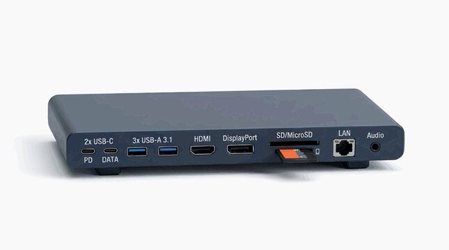 Portable Hub with Multiple Ports: A compact and sleek portable hub offering a range of connectivity options, including USB-C, USB-A, HDMI, DisplayPort, SD card reader, and audio jack.
