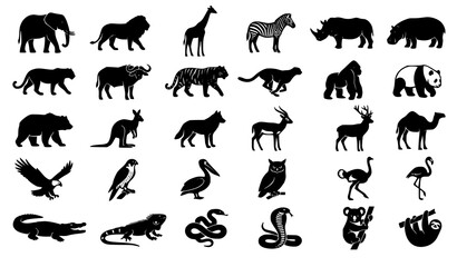 Obraz premium Black Wild Animal Silhouette Icons with Mammals Birds and Reptiles Vector Collection