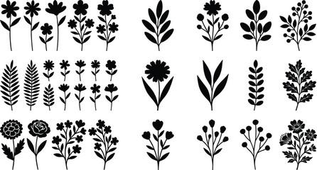 Fototapeta premium Floral Silhouette Icon Set Featuring Wildflowers Daisies Fern Leaves Buds Branches and Botanical Twigs for Decorative Pattern and Wedding Graphic Designs