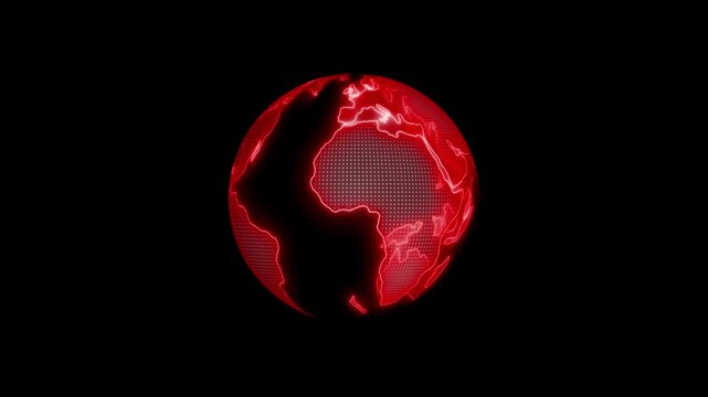 Glowing digital globe with visible on a black background, showing a modern world map in white light animation