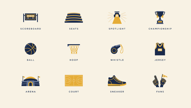 Basketball stadium interior icon set &ndash; Ideal for game day event programs, seating map graphics, or box office platforms.