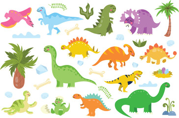 Cute hand drawn dinosaur vector illustration set with colorful cartoon prehistoric animals, baby dinosaurs, palm trees, bones, eggs and tropical jungle elements © AKS Studio