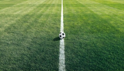Obraz premium Classic black and white soccer ball on a chalk boundary line of a green grass football field overhead view close up of empty pitch sports game tournament kickoff concept copy space commercial photo
