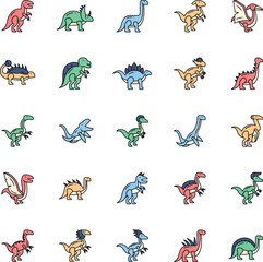 Cute colorful dinosaur vector color icon set. Collection of twenty hand drawn prehistoric animal characters in cartoon outline style. Isolated vector collection. © AKS Studio