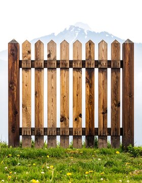 A wooden picket fence on a grassy hill with wildflowers and a mountain range in the background