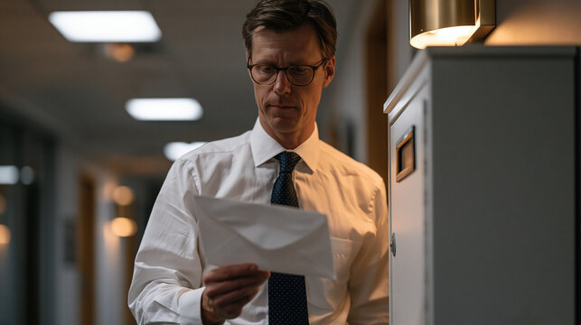 Compliance officer drops a sealed internal misconduct report into a corporate ethics hotline lockbox in a hallway, checking over both shoulders, harsh fluorescent corridor light