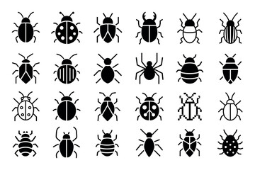 Fototapeta premium Black insect and beetle icons representing various bugs, spiders, ladybugs, and pests in a clean minimalist vector style for graphic design and web interfaces