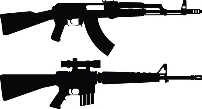 Assault Rifle Weapon Silhouette Set Featuring Kalashnikov AK47 and M16 Carbine with Scope for Tactical Military Action Graphic Designs