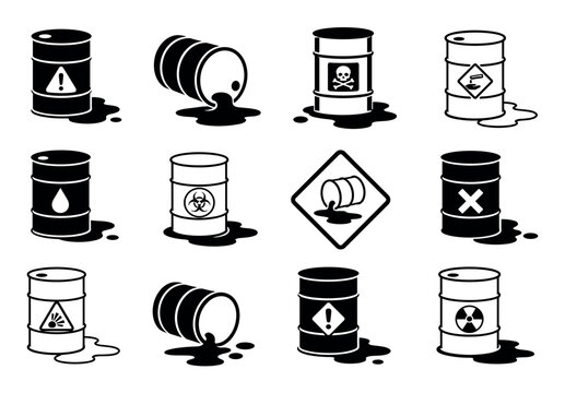 Chemical waste barrel and toxic drum icons representing hazardous substances, biohazard materials, radioactive pollution, and industrial oil spills in a flat vector style