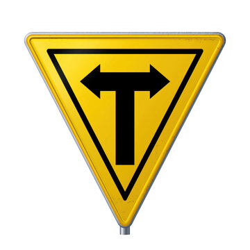 Yellow triangular road warning sign with T junction symbol for traffic safety and route awareness isolated on transparent background
