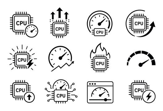 CPU performance and processor overclocking icon set representing computer speed optimization, hardware acceleration, system monitoring, and high-speed data processing