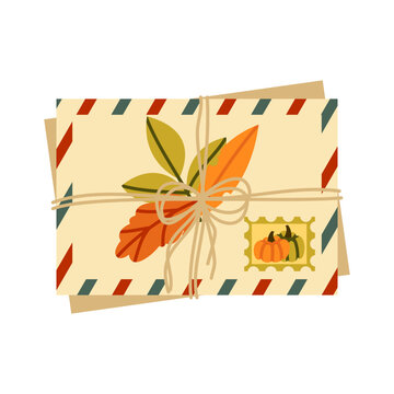 Autumn Mail Vector Illustration Flat Geometric Tied Envelope Stack Isolated