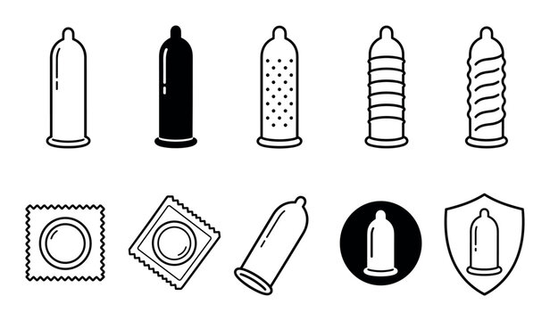 Condom line icons set representing safe sex and contraception methods including ribbed dotted and packaged options for health protection awareness
