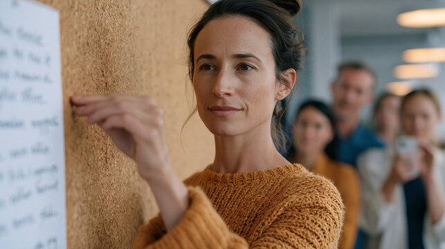 Manager pins a return-to-office mandate notice to a communal corkboard as employees in the background trade uncomfortable glances, someone photographing the notice on their phone,