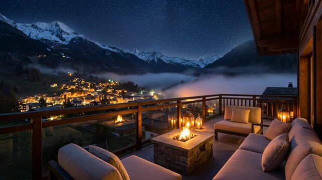 Luxury Mountain Chalet Balcony at Night with Village Lights and Fog.