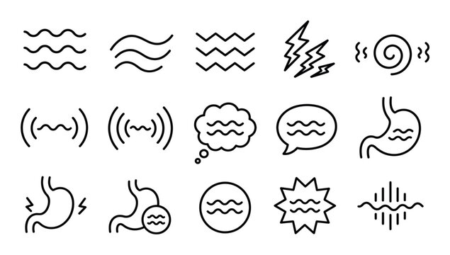 Stomach pain and ache line icon set representing symptoms like bloating, nausea, indigestion, spasm, and gastrointestinal discomfort
