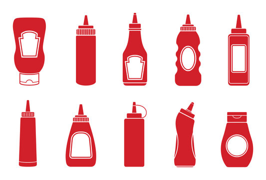 Red ketchup squeeze bottle vector icon set featuring various shapes of condiment containers and sauce dispensers for fast food packaging design