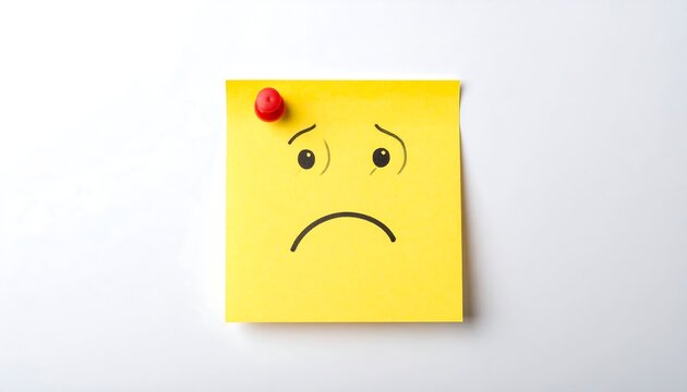 A yellow sticky note with a frowning face drawn on it, pinned with a red tack