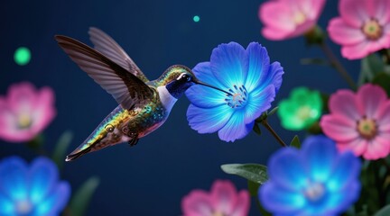 Fototapeta premium A robotic hummingbird with colorful iridescent feathers sips nectar from a glowing blue digital flower in a dark garden. Other luminous flowers bloom around the cybernetic bird.
