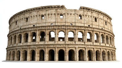 Fototapeta premium The ancient roman colosseum amphitheater in rome italy isolated on a white background, showing stone arches, and historic architectural detail