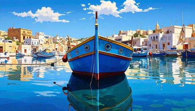 Vibrant blue boat moored in Mediterranean harbor town.