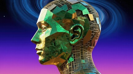 Fototapeta premium Abstract metallic head profile rotates against swirling cosmic nebula background. Geometric facets gleam with green, gold colors. Represents future tech, AI, digital network concepts. AI concept art.