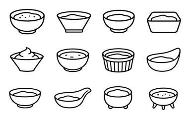 Fototapeta premium Vector line art icons of sauce bowls containing various dips, condiments, dressings, and gravies for restaurant menus and culinary design projects