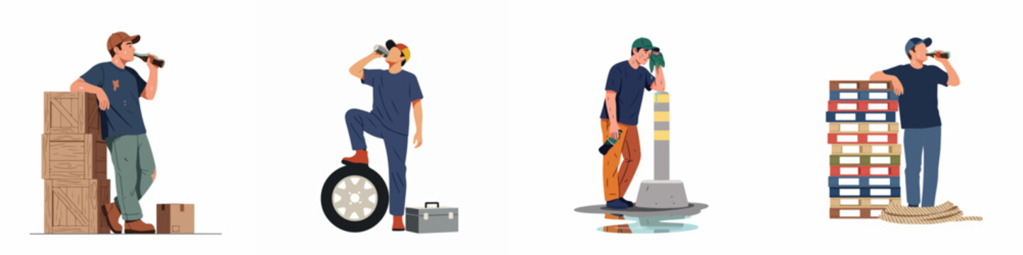 Set of exhausted male manual laborers taking a break, drinking water and sweating from heat exhaustion while working in industrial environments.