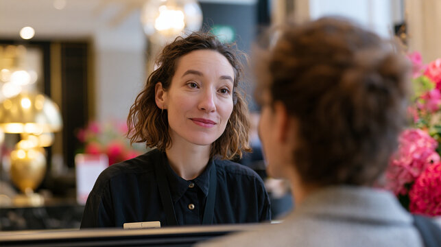 Attentive hotel receptionist listening to a frustrated guest holding a room key card during a service complaint. Concept of professional conflict resolution and empathetic customer interaction at a lu