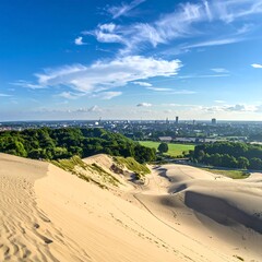 Aerial view of a sandy dune landscape with a cityscape and lush greenery under a blue sky with wispy clouds © Maha