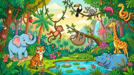 Obraz premium Colorful Jungle Adventure Panorama with Friendly Safari Animals