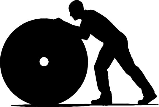 Silhouette of man pushing large stone wheel.