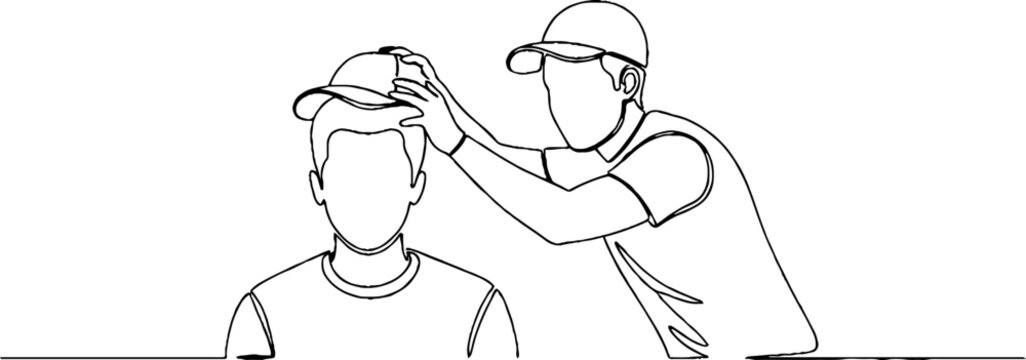 Man adjusting baseball cap on another person.
